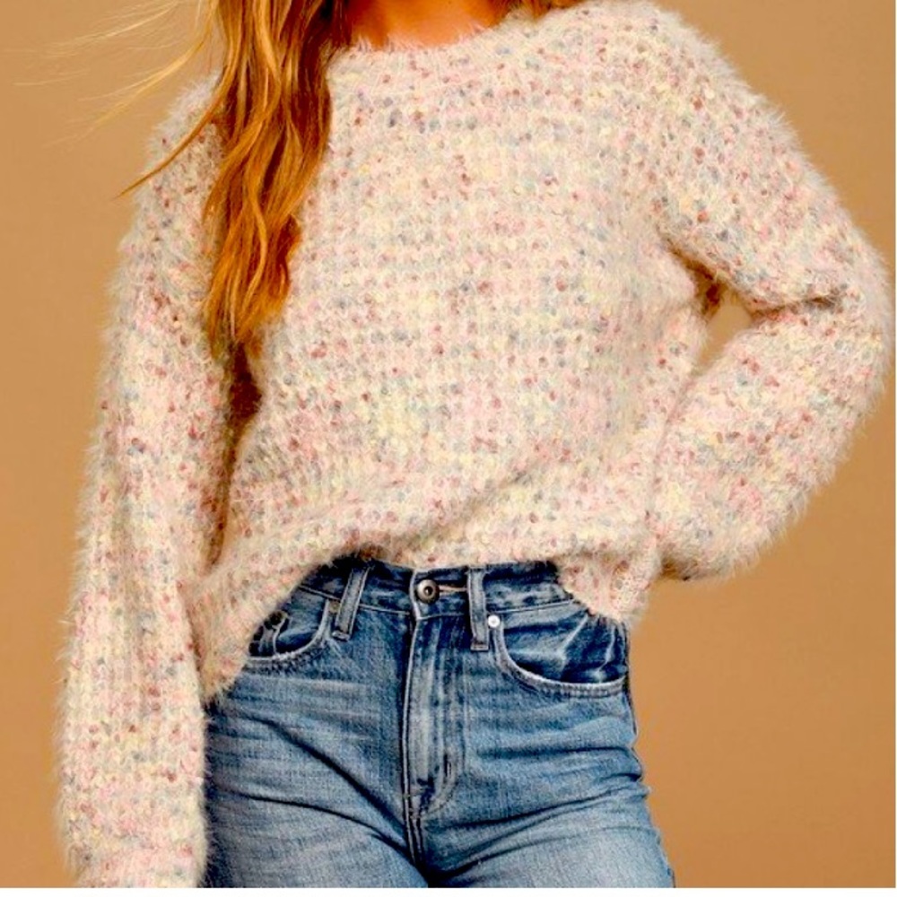 Lovely Time Blush Pink Multi Fuzzy Knit Sweater Lulu’s LUSH size Small